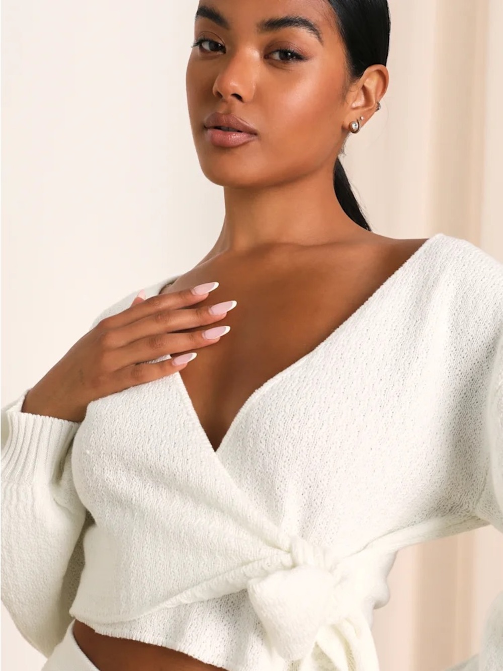 Lulus Lovely Daydream Ivory Knit Cropped Wrap Lounge Top